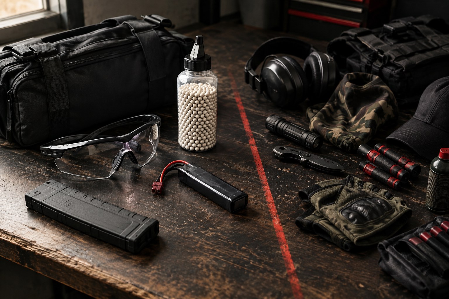 Equipamentos de Airsoft organizados para mostrar erros comuns de iniciantes