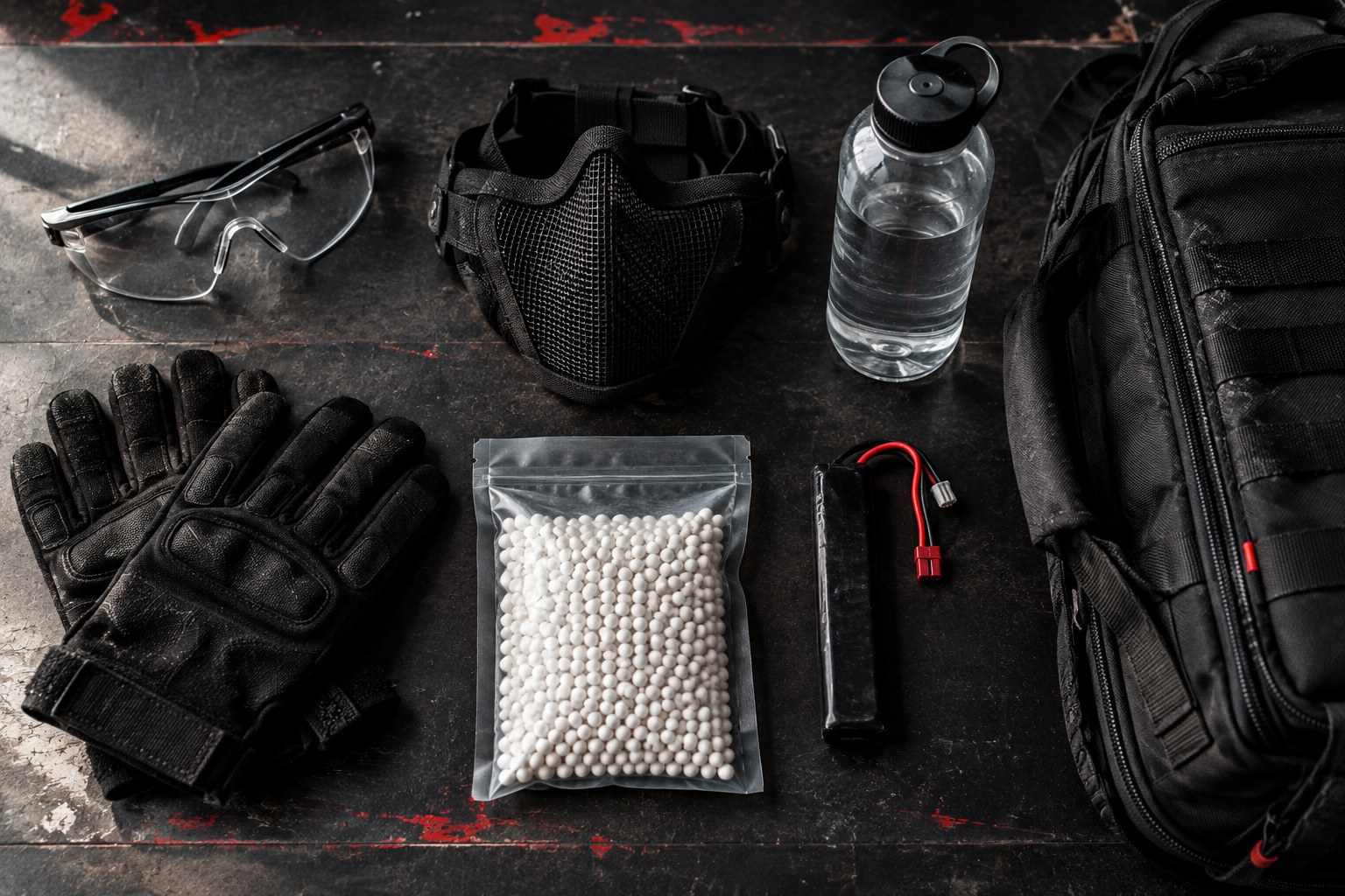 Equipamentos essenciais organizados para o primeiro dia de Airsoft