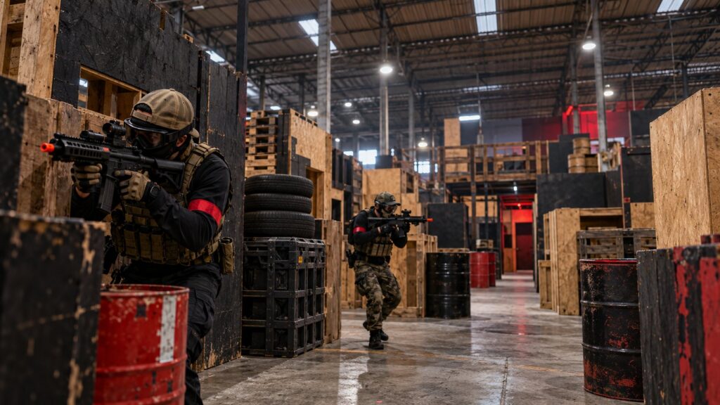 Imagem editorial ilustrativa de arena CQB coberta para o guia do Galpão Airsoft