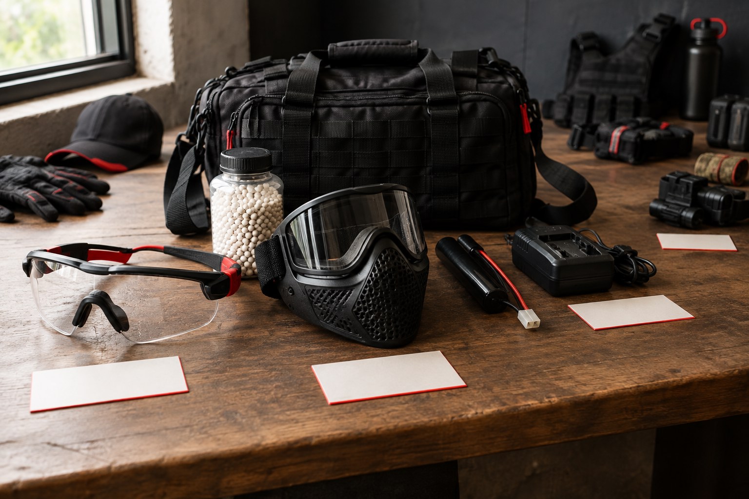 Kit inicial de Airsoft organizado por prioridade de compra